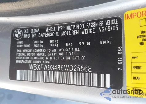 2006 BMW X3 3.0I from USA, damaged, VIN WBXPA93486WD25568